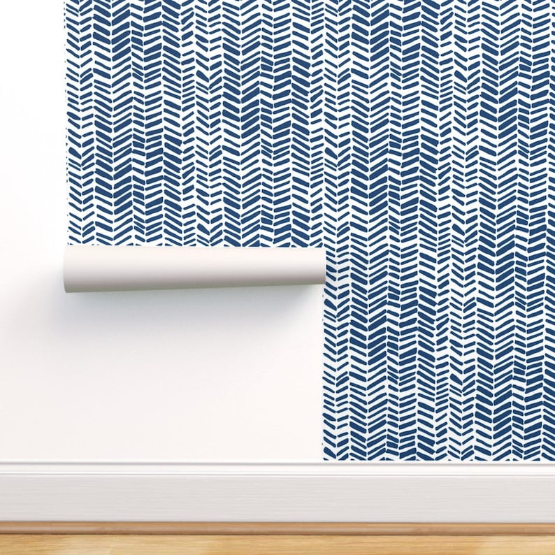 Navy Herringbone Wallpaper Impression Navy by Leanne_hatch Etsy