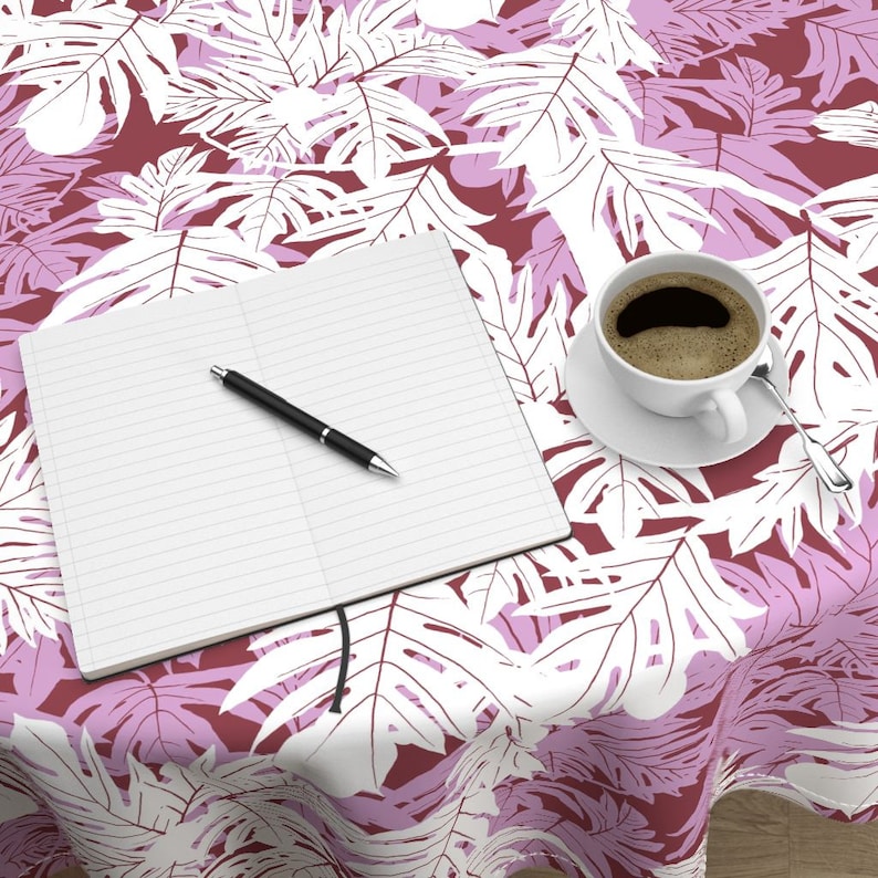 Modern Tropical Round Tablecloth Hula /'ulu White Orchid On Burgundy Jumbo by kadyson Palm Cotton Sateen Circle Tablecloth by Spoonflower