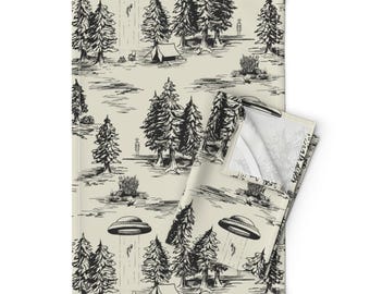 Alien Toile Tea Towels Set of 2 - Black Space Alien Aliens Toile Camping Ufos Linen Cotton - Alien Abduction Toile De Jouy by somecallmebeth