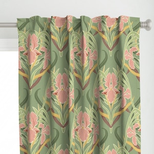 Victorian Inspired Curtain Panel - Art Nouveau Iris by vinpauld - Green Pink Damask Garden Botanical  Custom Curtain Panel by Spoonflower