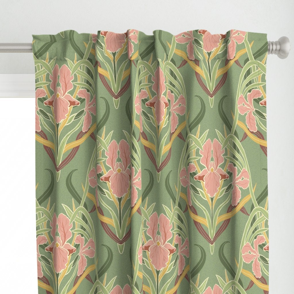 Victorian Inspired Curtain Panel - Green Pink Damask Garden