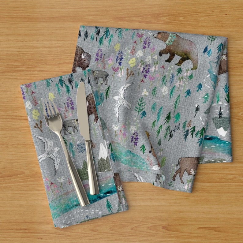 Rustic Forest Bison Fox Cloth Napkins by Spoonflower - Summer Aurora by nouveau/_bohemian Woodland Whimsical Dinner Napkins Set of 2