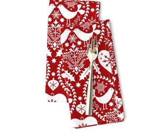 Scandinavian Christmas Cloth Napkins Set – Birds and Hearts