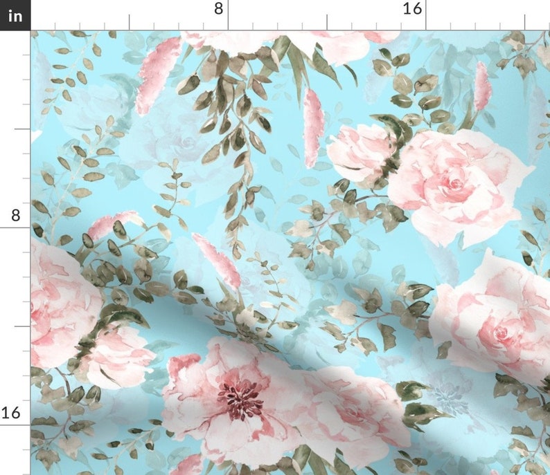 Lush Greenery And Florals On Turquoise by utart Cottage Roses Farmhouse Cotton Sateen Tablecloth by Spoonflower Romantic Tablecloth
