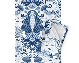 Coastal Whimsical Tea Towels (Set of 2) - Meditating Mermaid by patricia_lima - Under The Sea Blue Linen Cotton Tea Towels by Spoonflower