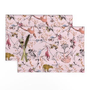 Pink Chinoiserie Placemats (Set of 2) - Jungle Chinoiserie by pattern_state - Monkey Sloth Tiger Cheetah Pink Cloth Placemats by Spoonflower