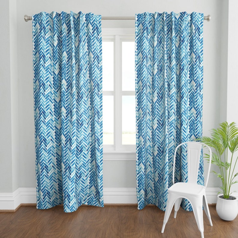 Chevron Curtain Panel Blue Herringbone Watercolor by Etsy