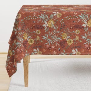 Terra Cotta Floral Tablecloth - Marigold Love Rust  by nouveau_bohemian - Boho Wildflowers Rustic Cotton Sateen Tablecloth by Spoonflower