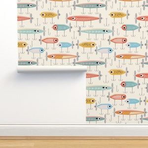 Lake Non-Pasted Wallpaper - Tackle Box by katie_hayes - Fishing Camping Bait Tackle Topwater Lure Fish Wallpaper Double Roll by Spoonflower