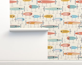 Lake Non-Pasted Wallpaper Fishing Camping Bait Tackle Topwater Lure Fish - Tackle Box by katie_hayes Wallpaper Double Roll by Spoonflower
