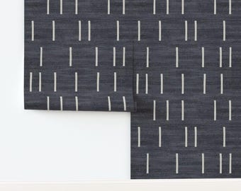 Mud Cloth Non-Pasted Wallpaper Minimalist Lines Striped Abstract - Denim_line_mud_cloth Large by holli_zollinger Wallpaper by Spoonflower
