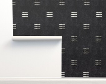 Mudcloth Commercial Grade Wallpaper - Triple Dash by littlearrowdecor - Black White Dark Modern Boho Wallpaper Double Roll by Spoonflower