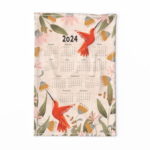 2024 Calendar Tea Towel - Hummingbird by melarmstrong - Hummingbird Floral Hummingbirds Garden  Linen Cotton Canvas Tea Towel by Spoonflower