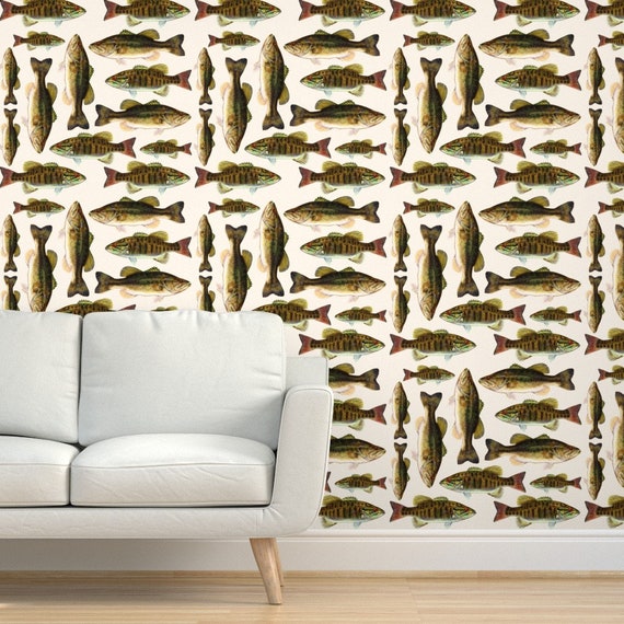 Fishing Commercial Grade Wallpaper Bass Fish by Weavingmajor Freshwater Fish  Painted Rustic Cabin Wallpaper Double Roll by Spoonflower -  Canada