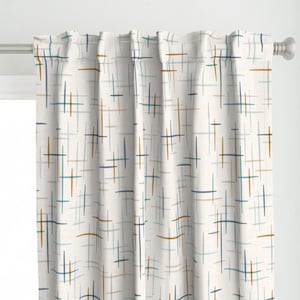 Mid Century Modern Curtain Panel - Mod Blue Aqua Orange Muted by theodesign - Vintage Crosshatch Custom Curtain Panel by Spoonflower