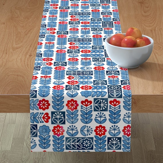 Table Runner Scandinavian Floral Flowers Swedish Dots Circles Mod Cotton Sateen