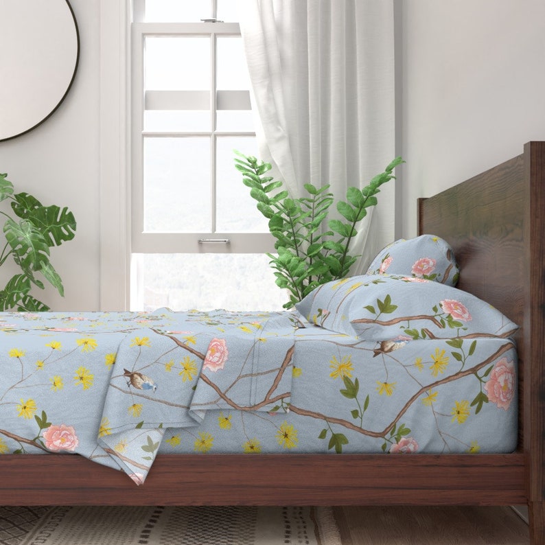 Jenny Peony In Cornflower by domesticate Chinoiserie Sheets Asian Inspired French Garden Cotton Sateen Sheet Set Bedding by Spoonflower