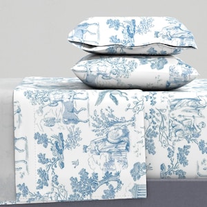 Toile Sheets - Greek Mythology Toile  by vinpauld - Greek Mythology Fantasy Blue And White Cotton Sateen Sheet Set Bedding by Spoonflower