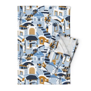 Santorini Greece Tea Towels (Set of 2) - Santorini by heidi-abeline - Blue White Agean Island Summer Linen Cotton Tea Towels by Spoonflower