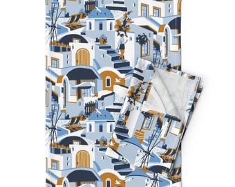 Santorini Greece Tea Towels Set of 2 - Blue White Agean Island Vacation Holiday Summer Sky Blue Linen Cotton - Santorini by heidi-abeline
