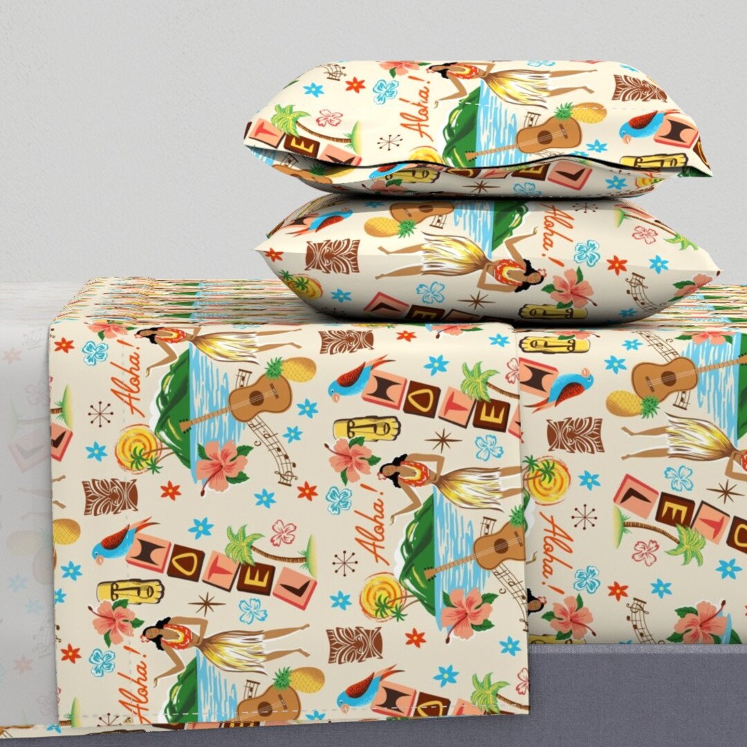 Hula Girl Sheets Hawaiian Holiday Aloha Retro by Ruby_ritz Mid Century Tiki Ukelele Beach Cotton
