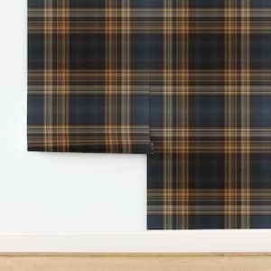 Blue Brown Tartan Non-Pasted Wallpaper - Fine Line Plaid by northern_whimsy - Traditional English Wallpaper Double Roll by Spoonflower