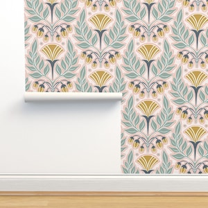 Art Nouveau Flowers Non-Pasted Wallpaper - La Floraison by heatherdutton - Blush Pink Mustard Wallpaper Double Roll by Spoonflower
