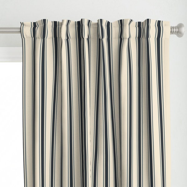 Coastal Stripe Curtain Panel - Regency Stripe by misentangledvision - Ticking Stripe Black Navy Cream Custom Curtain Panel by Spoonflower