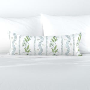 Regency Floral XL Lumbar Pillow - Soft Blue And Greens by danika_herrick - Folk Art Light Blue Leaves Extra Large Rectangle Lumbar Pillow