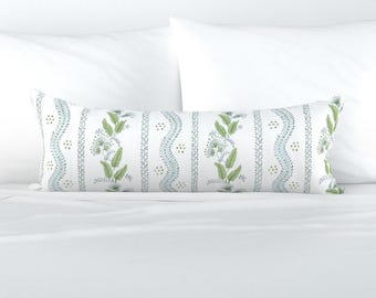 Regency Floral XL Lumbar Pillow - Soft Blue And Greens by danika_herrick - Folk Art Light Blue Leaves Extra Large Rectangle Lumbar Pillow