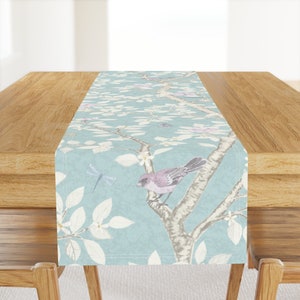Peony Chinoiserie Table Runner - Elsie&#39;s Garden Blue by danika_herrick - Elegant Songbird Garden Cotton Sateen Table Runner by Spoonflower