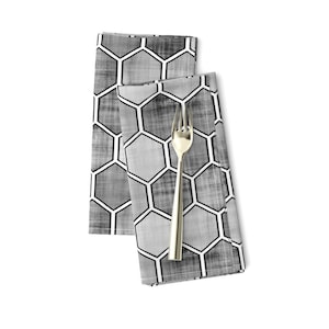 Black Dinner Napkins (Set of 2) - Geometric Hexagon - Save The Honey Bees by franbail - White Retro Grey Modern Cloth Napkins by Spoonflower