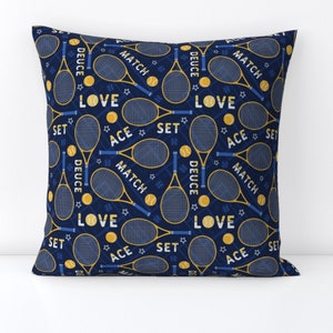 Blue Tennis Throw Pillow - Tennis Rackets And Balls by priraj_designs - Tennis Terms  Exercise Decorative Square Throw Pillow by Spoonflower