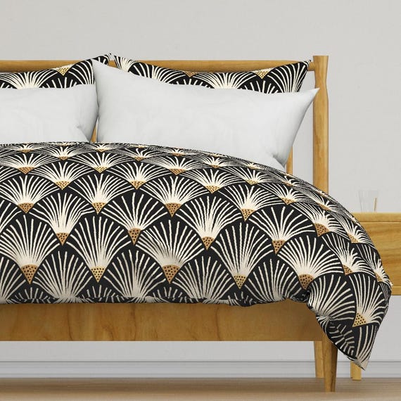 Art Deco Bettwäsche - Charleston von amy_maccready - 1920er Fans Schwarz Creme Gold Bettbezug aus Baumwollsatin ODER Kissenbezüge von Spoonflower