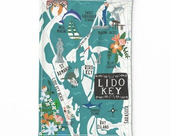 May include: An illustrated map of Lido Key, Florida, in teal blue, featuring various landmarks and points of interest with labels. The map includes the names "Lido Key", "St. Armands", "Bird Key", "Selby Garden", "Mote Marine", "Marina Jacks", "Sweet Surrender Statue", "Sharker Island", "Bay Island", and "Sarasota".