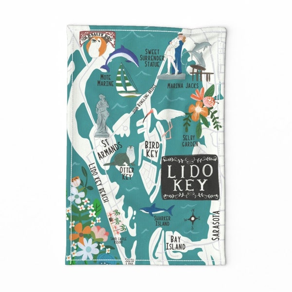 Lido Key Theedoek - Lido Key van bridgettstahlman - Florida Ocean Island Barrier Island Sea Map Linnen Katoenen Canvas Theedoek van Spoonflower