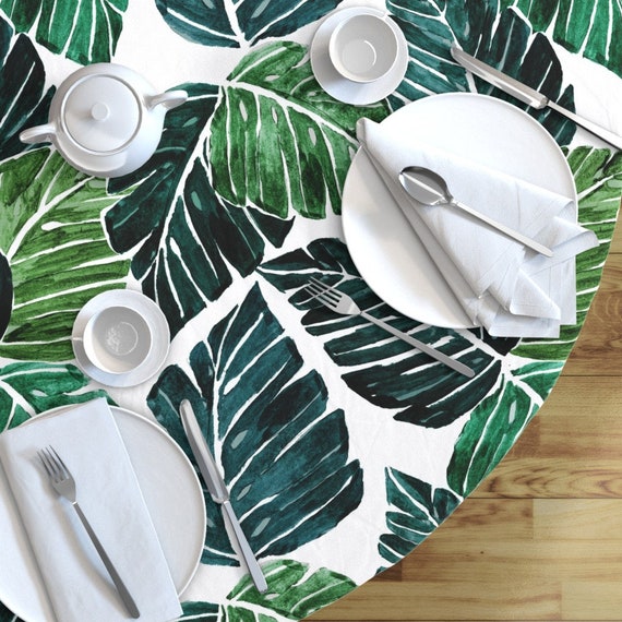 Luxe Cotton Sateen Round Malay Tablecloth by Roostery with Spoonflower Round Tablecloth Not So Black and White Leaves by Crystal/_Walen