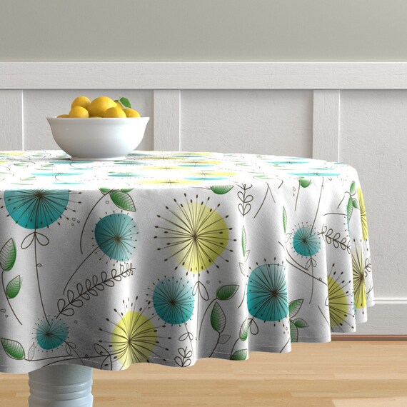 Luxe Cotton Sateen Round Malay Tablecloth by Roostery with Spoonflower Round Tablecloth Not So Black and White Leaves by Crystal/_Walen