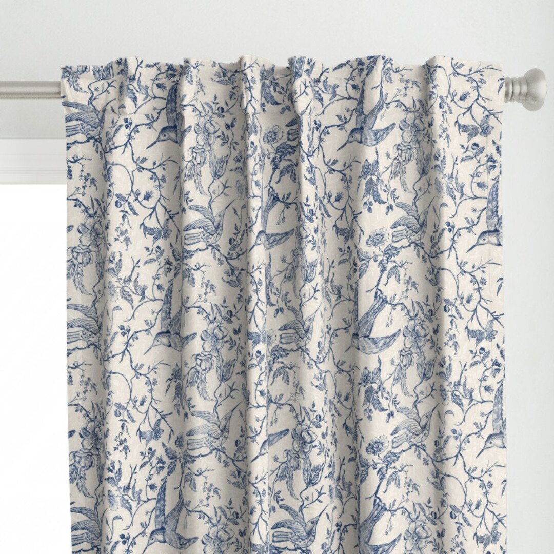 Blue Floral Toile Curtain Panel Hummingbird Toile by Bridgettstahlman
