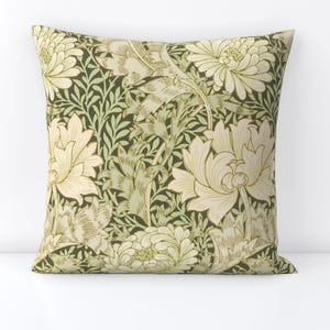 William Morris Throw Pillow - Arts And Crafts  Garden Botanical Green Decorative Square Throw Pillow - Chrysanthemum 1877 Large by utart