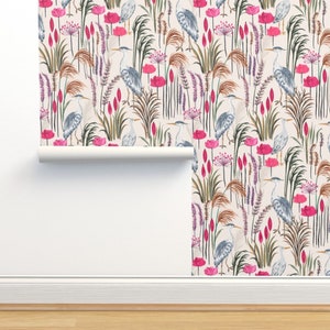 Heron Swamp Non-Pasted Wallpaper - Heron Marshland Meadow by jill_o_connor - Nature Birds Plants Meadow Wallpaper Double Roll by Spoonflower