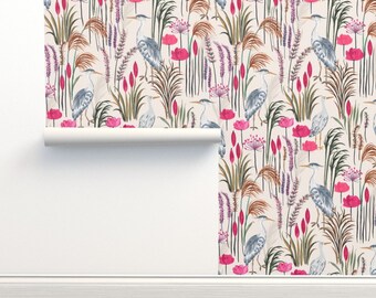 Heron Swamp Non-Pasted Wallpaper Nature Birds Plants Meadow - Heron Marshland Meadow by jill_o_connor Wallpaper Double Roll by Spoonflower