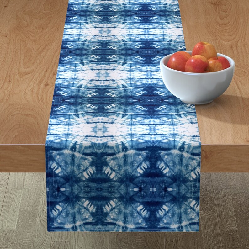 Tribal Flaire by alison/_janssen Indigo Table Runner Tribal Boho Bohemian Modern Tie Dye Blue Cotton Sateen Table Runner by Spoonflower