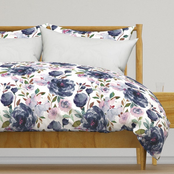 Romantic Floral Bedding - Midnight Peonies by indybloomdesign - Navy Botanical Cotton Sateen Duvet Cover OR Pillow Shams by Spoonflower