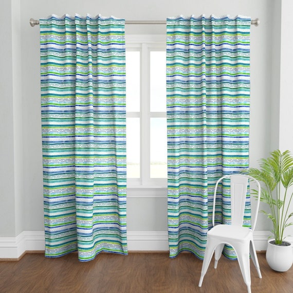 Stripe Curtain Panel Sea Currents in Blue Green by - Etsy