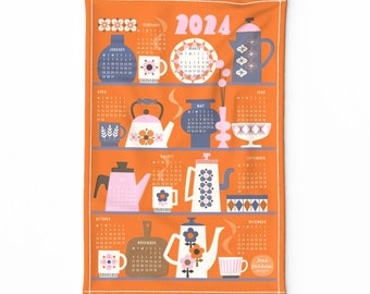 2024 Calendar Tea Towel - 2024 Calendar Retro Kitchen by janefarnham - Orange Retro Kitchen  Linen Cotton Canvas Tea Towel by Spoonflower