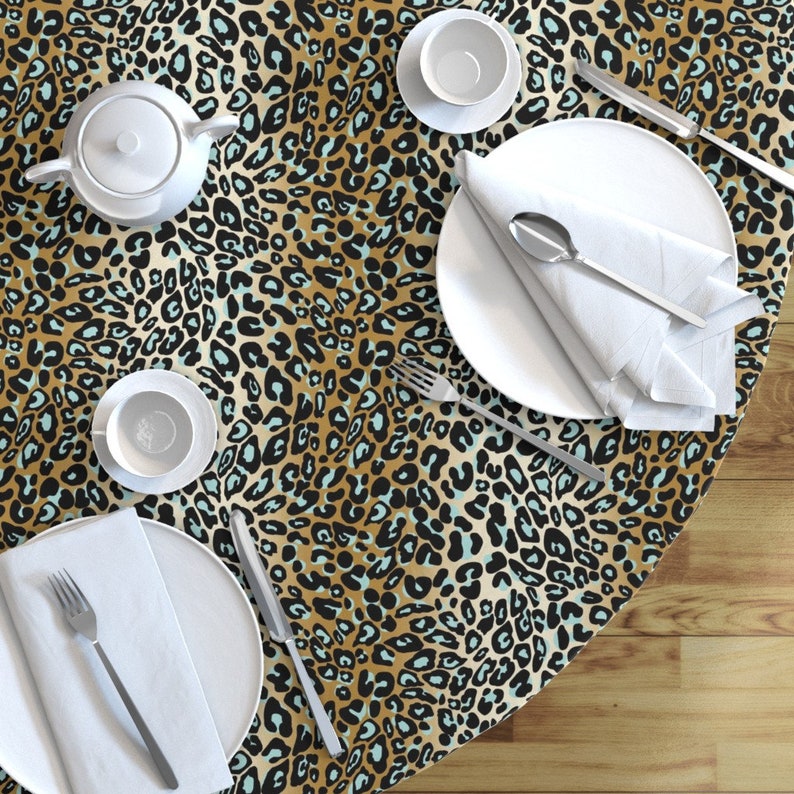 Animal Print Round Tablecloth Leopard_camelaquablack by Etsy