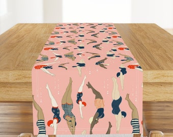Vintage Ladies Table Runner - Lady Divers by cecilia_granata - Blush Pink Blue Swimming Fashion Cotton Sateen Table Runner by Spoonflower