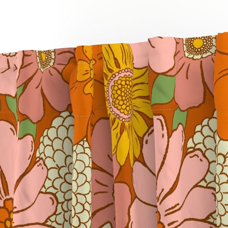 Retro 1970s Floral Curtain Panel - Vintage Style Nostalgia Pink Orange Yellow Custom Curtain Panel - 70s Boho Floral by mariarein - image 3