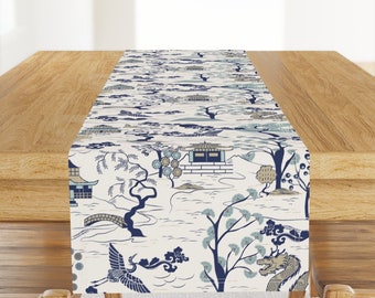 Japanese Village Table Runner - Ukiyo Light by pallavi_chaudhary - Dragon Crane Large Scale 24'' Cotton Sateen Table Runner by Spoonflower